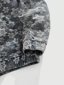 ROMWE MEN Street Life Men Fashionable Floral Retro Jacquard Hooded Denim Jacket, Fall - Blue - View 4