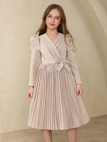 Tween Girls' Elegant Fashion Collared Puff Sleeve High Waist Solid Color Midi Pleated Dress, Khaki, Autumn - Apricot - View 1