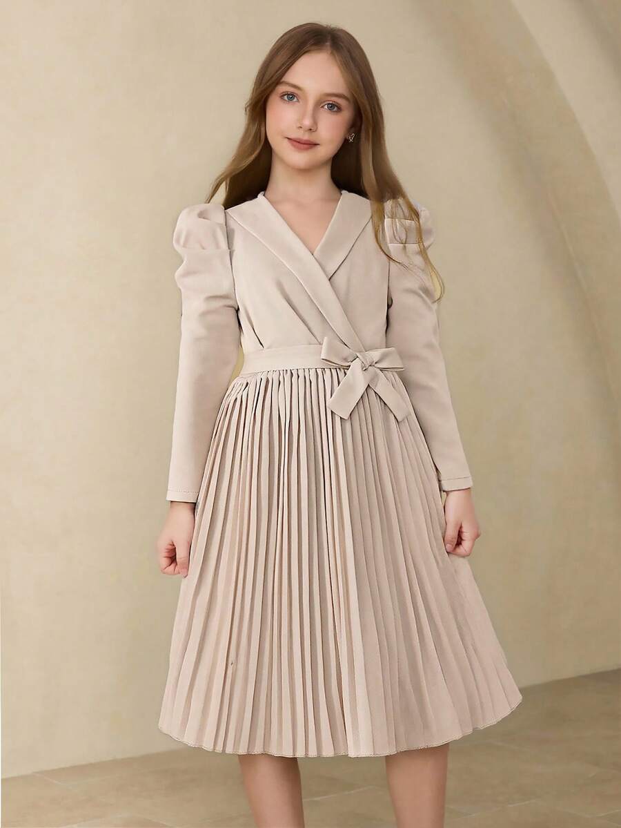 Tween Girls' Elegant Fashion Collared Puff Sleeve High Waist Solid Color Midi Pleated Dress, Khaki, Autumn - Apricot - View 1