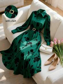 Franclia Women's Collared Cinched Waist Waist Printed Long Tunic Dress, Elegant For Commuting And Social Occasions