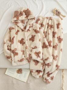 2 件套青少年女孩秋冬双面蓬松可爱卡通熊印花连帽开衫和休闲裤家居服套装 - 杏色 - 查看 1