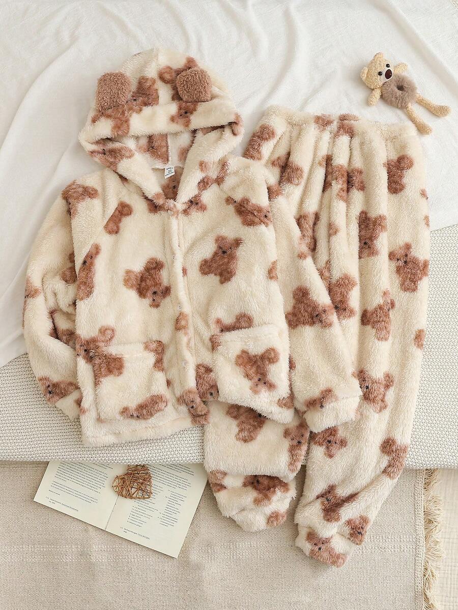 2 件套青少年女孩秋冬双面蓬松可爱卡通熊印花连帽开衫和休闲裤家居服套装 - 杏色 - 查看 1