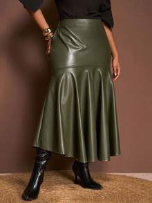 Veslaya 2026秋冬新款优雅复古浪漫波西米亚经典性感复古风女装日常、约会、外出、派对橄榄绿PU紧身鱼尾裙，大码下装 - 軍綠色 - 查看 5