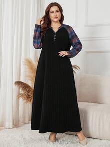 Lacomfia Plus Size Elegant Casual Plaid Patchwork Dress - Black - View 4