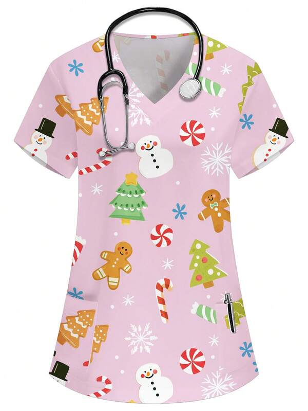 PopScrub Christmas V-Neck Short Sleeve Double Pocket Cute Christmas Snowman, Gingerbread Man, Christmas Tree, Candy Cane, Star, Snowflake Cartoon Print Nurse/Doctor Uniform Top/ Examination Surgical Uniform/Solid Color Pet Grooming Work Uniform Top/Nutritionist Work Uniform Short Sleeve/Lab Work Uniform, Multi-Pocket Functional Work Wear, Functional Holiday Wear For Women, Christmas Tops, Christmas Decor, Adorable, Joyful