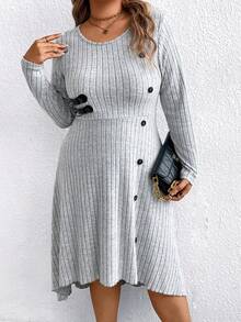EMERY ROSE Plus Size Women's Grey Everyday Autumn Smart Casual Knit Ribbed Crew Neck Button Decor Dress,Front Short Back Long Elegant Thanksgiving Party Commute - Grey - View 3