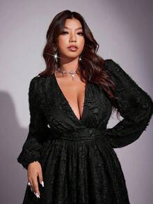 Viva Relle 大码女式深 V 领灯笼袖流苏腰性感连衣裙 - 黑色 - 查看 3