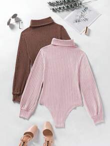 EMERY ROSE 2pcs Set Bodysuit, Colorful Design, Comfortable Autumn/Winter Base Layer Bodysuit - Brown - View 2