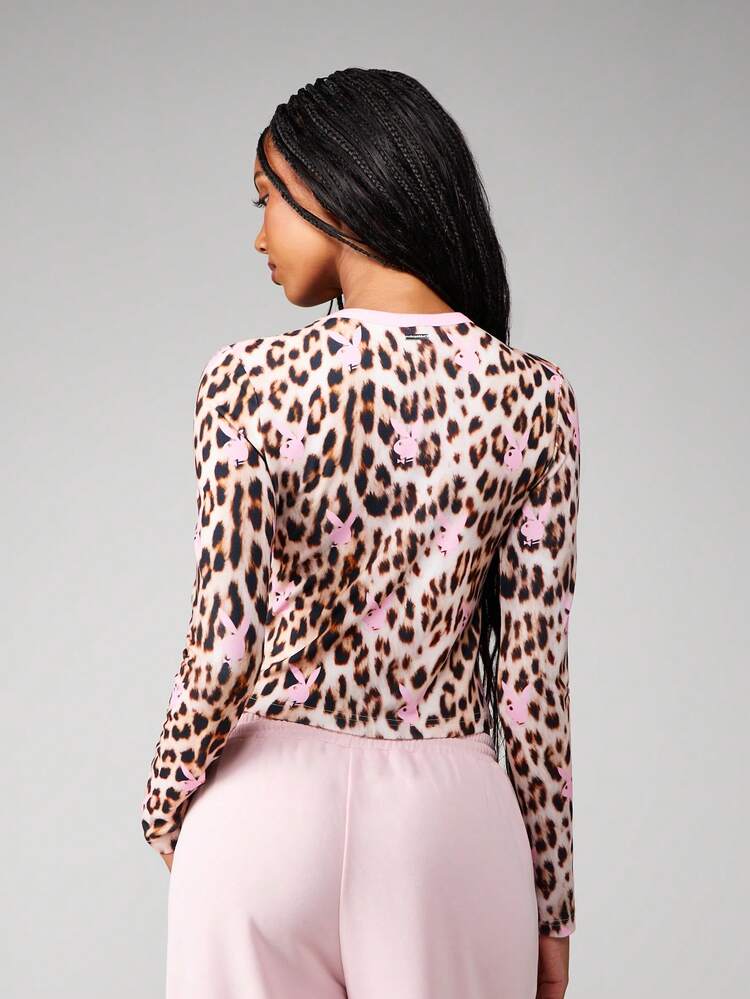 Missguided x Playboy Leopard Print Long Sleeve Crop Top With Pink Butterfly Details For Women's Casual Streetwear Fashion
