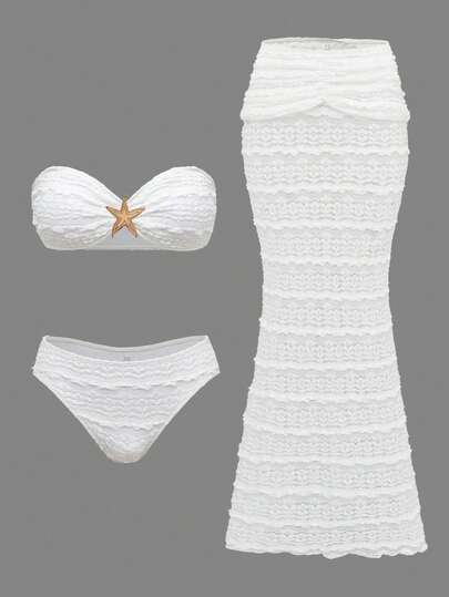 Swim Oasis 夏季度假海滩性感露肩海星装饰比基尼套装配长美人鱼尾裙