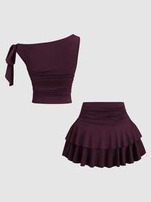 Sweetra 女士夏季古铜色金属花朵装饰吊带背心和褶皱多层迷你裙套装 - 中紫紅色 - 查看 2