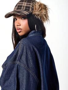 SUMWON WOMEN Oversized Denim Bomber Jacket With Applique Details And Belted Waist For Women Fall Winter Streetwear - Navy Blue - View 6