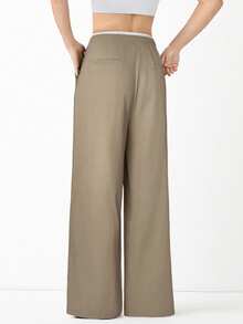 SHEIN EZwear 女款卡其色拼色休闲裤，女款春秋休闲抽绳口袋阔腿长款卡其色宽松裤，休闲日常穿搭 - 卡其色 - 查看 2