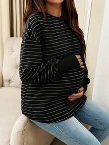 SHEIN 孕妇条纹纽扣半襟落肩长袖休闲T恤 - 黑與白 - 查看 6