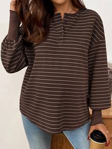 SHEIN Maternity Striped Button Half-Placket Drop Shoulder Long Sleeve Casual T-Shirt Brown Blouses For Women Coffee Brown Top Modest Tops For Women Dark Brown Top Brown Long Sleeve Top