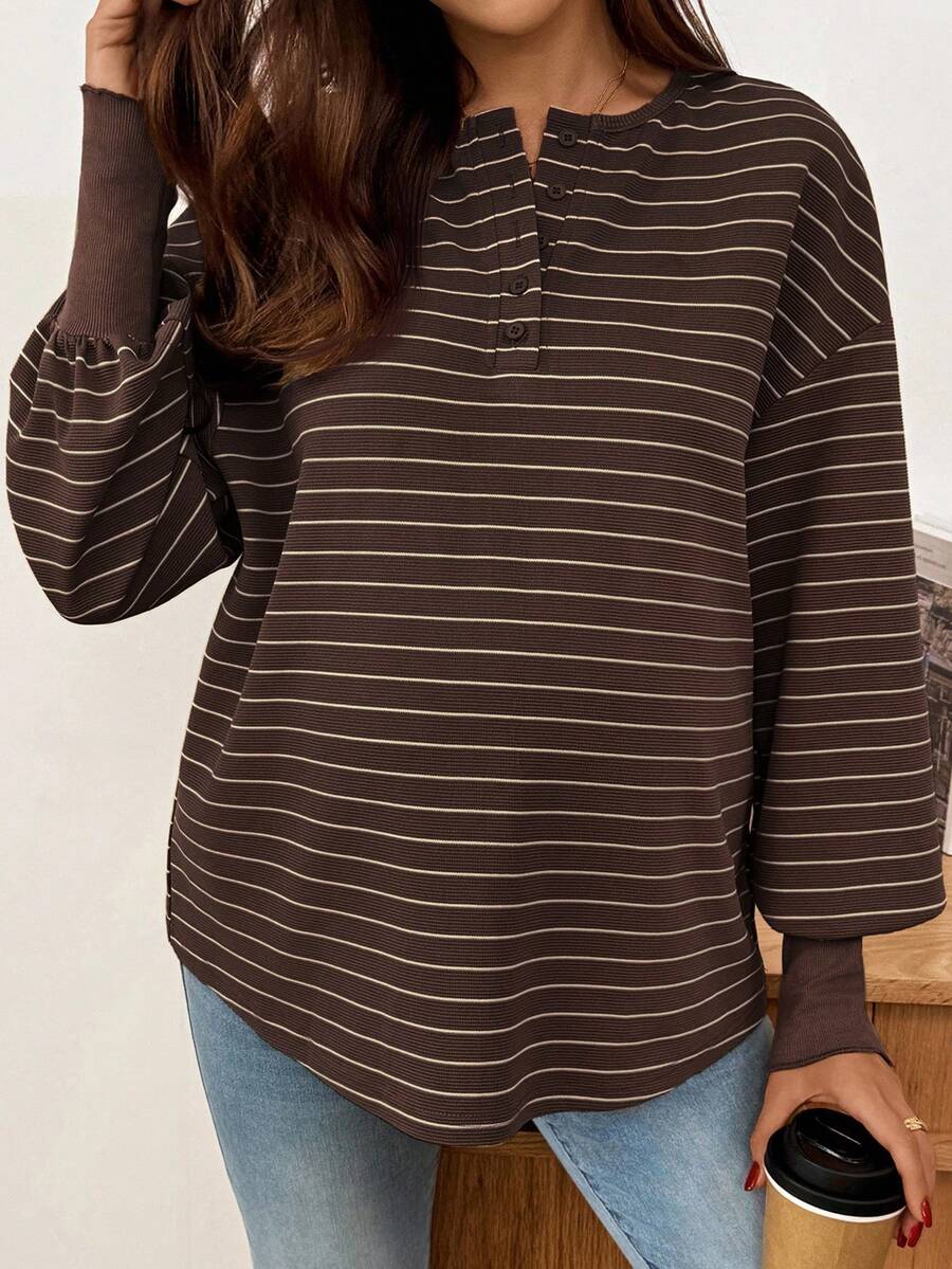 SHEIN Maternity Striped Button Half-Placket Drop Shoulder Long Sleeve Casual T-Shirt Brown Blouses For Women Coffee Brown Top Modest Tops For Women Dark Brown Top Brown Long Sleeve Top