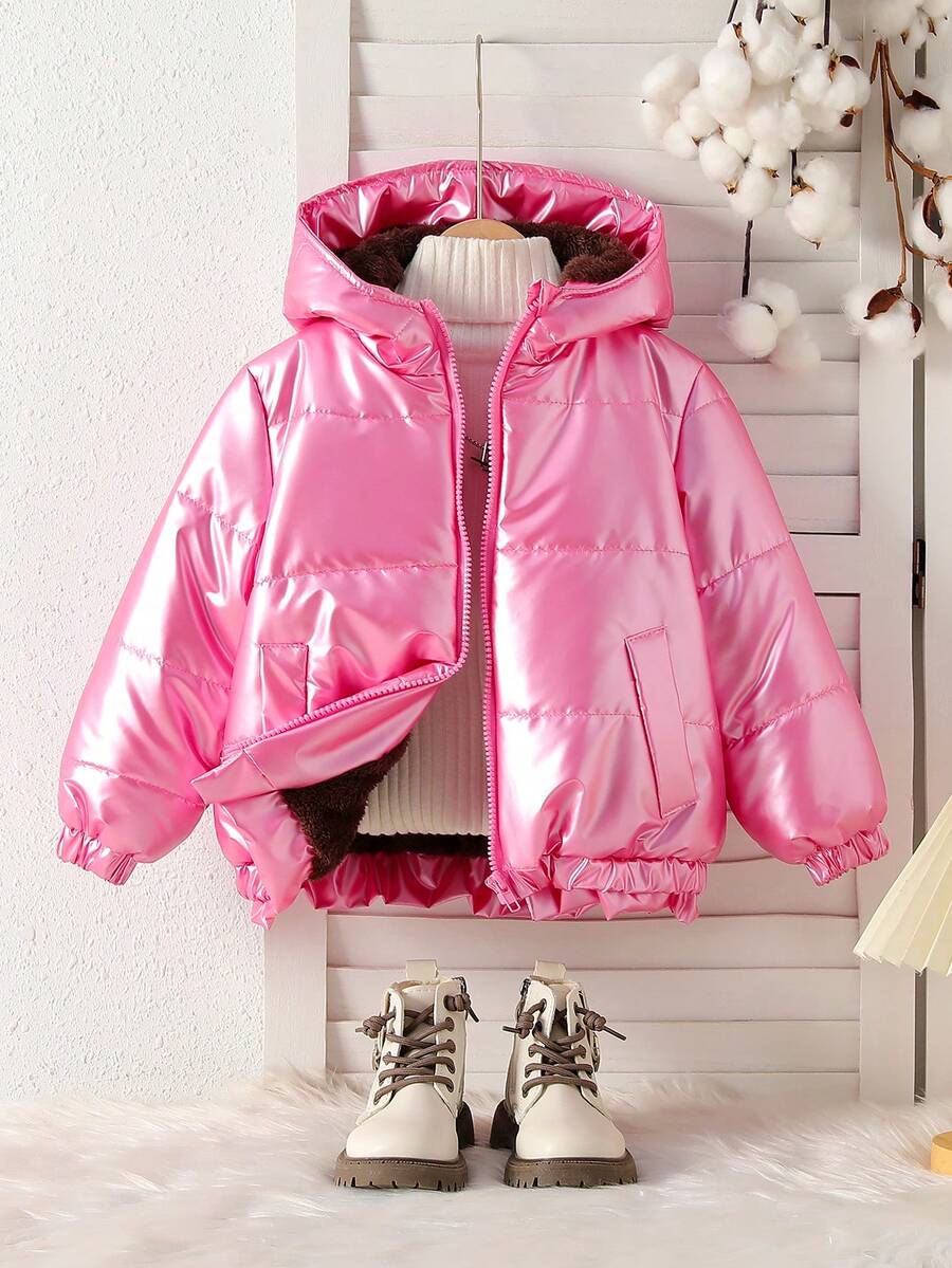 Elladie kids Young Girl' Casual Pink Metallic Coated Quilted Padded Long Sleeve Padded Coat, Warm For Winter - Hot Pink - View 1
