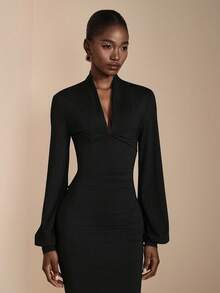 JIAN LASALA 黑色褶裥主教长袖V领优雅中长连衣裙，女士秋冬奢华时尚服饰系列，适合婚礼宾客穿着。 - 黑色 - 查看 6