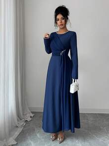 Rafferiza 优雅优雅宴会圆领长袖收腰A字珍珠装饰雪纺透视连衣裙，秋冬