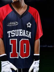 Captain Tsubasa X SHEIN Men's Summer Sports Numeric & Letter Graphic V-Neck Contrast Raglan Short Sleeve Loose T-Shirt And Shorts Basketball Uniform Set - Dark Grey - View 5