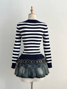 Elamini 时尚修身条纹毛衣，秋季百搭单品 - 彩色 - 查看 2