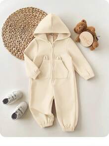 SHEIN Newborn Baby Girl Cute Pink Knitted Hooded Jumpsuit, Autumn/Winter - Apricot - View 1