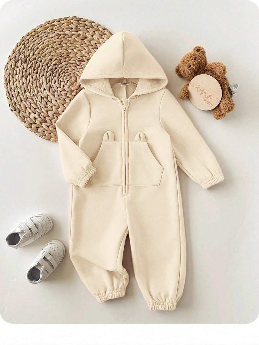 SHEIN Newborn Baby Girl Cute Pink Knitted Hooded Jumpsuit, Autumn/Winter - Apricot - View 1