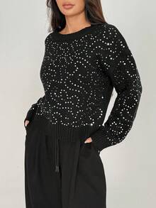 SHEIN MOOSTA Fashionable Sequin Embellished Party Sweater For Women - Black - View 4