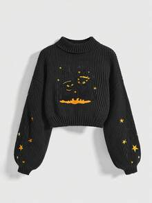 ROMWE Kawaii Women's Dark Cat Embroidery Pullover Sweater - Black - View 1