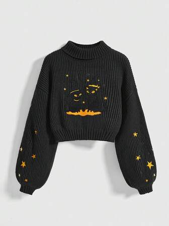 Kawaii Suéter de mujer con bordado de gato oscuro