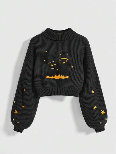 Kawaii pull en tricot avec broderie de chat noir pour femmes
