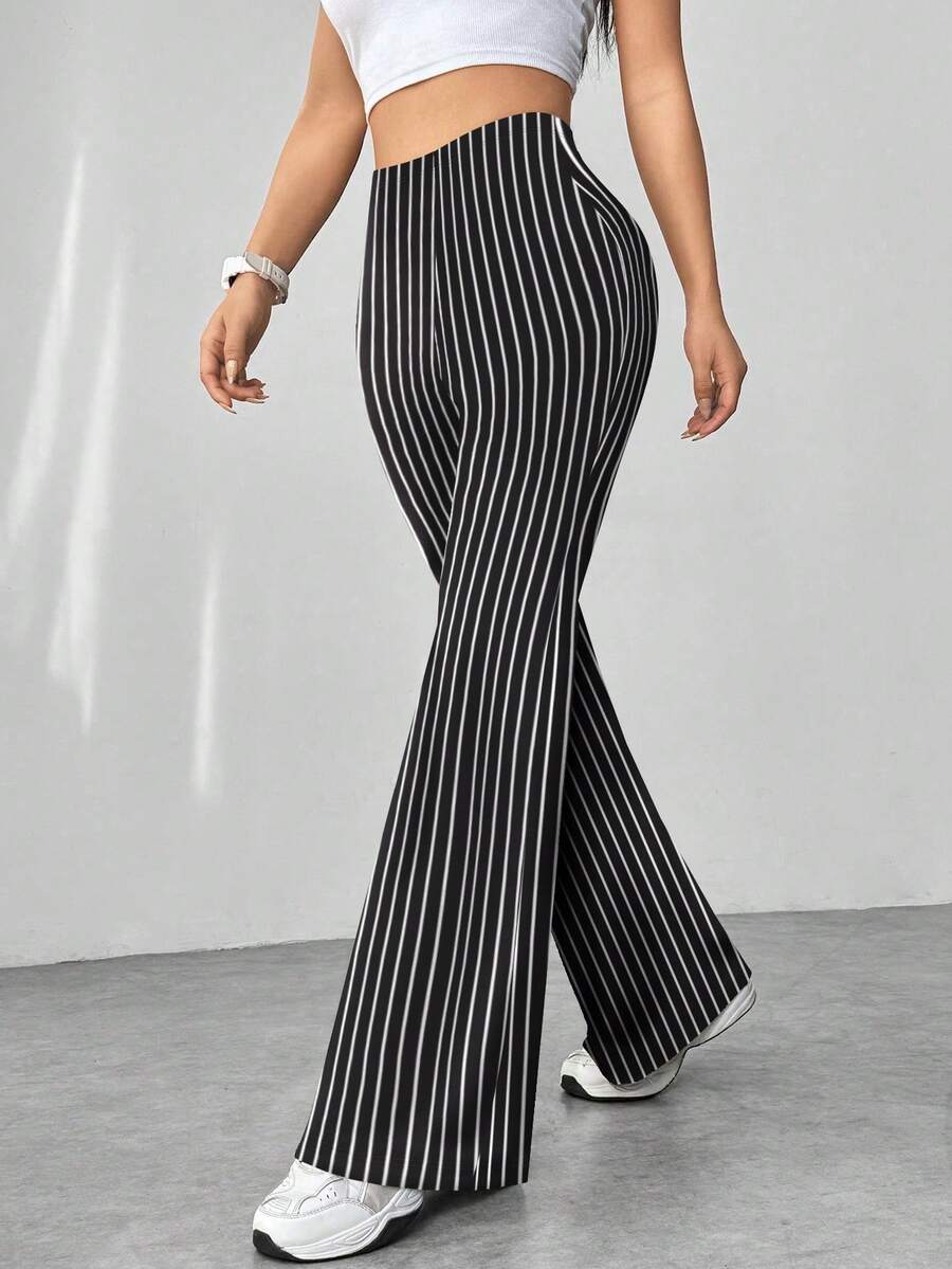 SHEIN Unity Women High Waist Minimalist Houndstooth Flare Leg Pants, Casual For Everyday Wear Fall Cloth For Women - Black and White - View 1