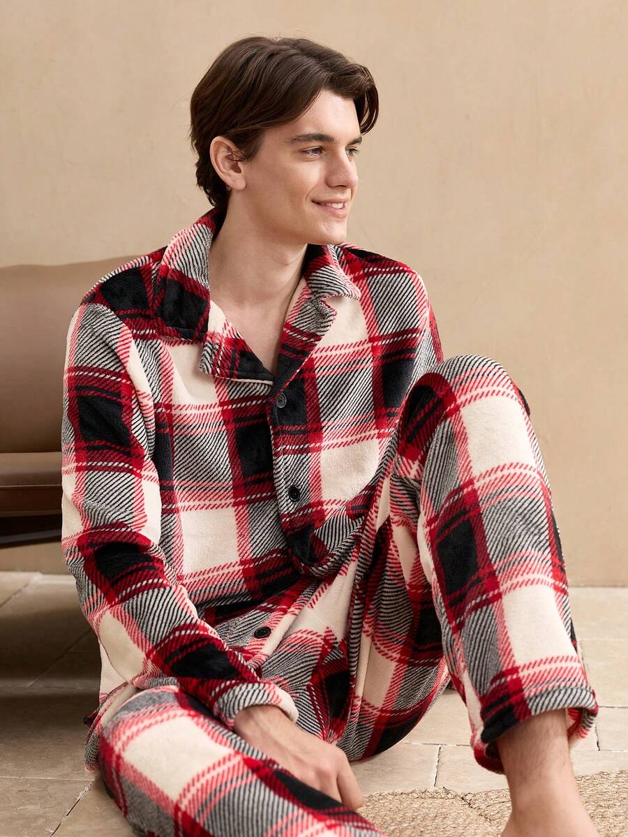 Old Money 男士舒适格子印花衬衫和裤子睡衣套装，秋冬季男士外出格子保暖宽松休闲复古风，圣诞节 - 彩色 - 查看 1