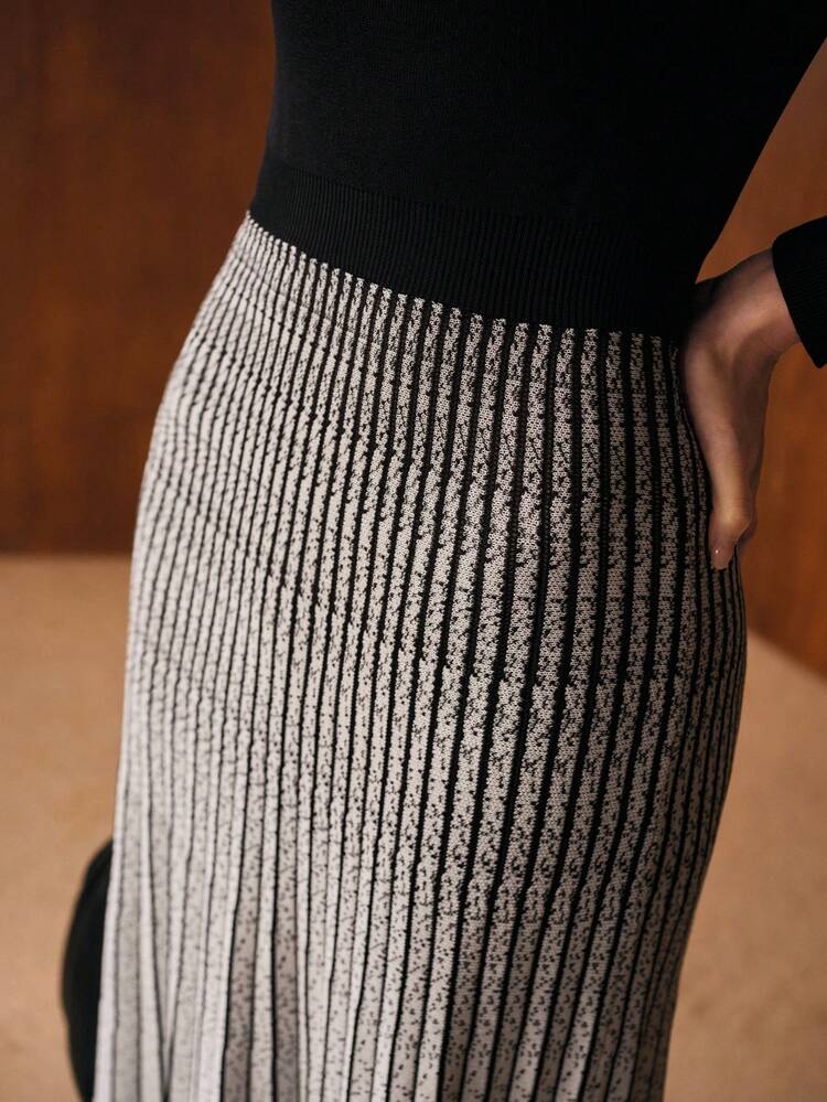 WAIST CINCHED OMBRE COLOR BLOCK FLARED SWEATER DRESS WITHOUT BELT
