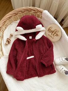 SHEIN 女婴可爱百搭粉色保暖连帽外套，秋冬款 - 紅色 - 查看 5
