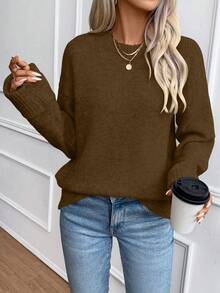 EMERY ROSE 女式宽松圆领罗纹袖口套头毛衣 - 咖啡棕 - 查看 7