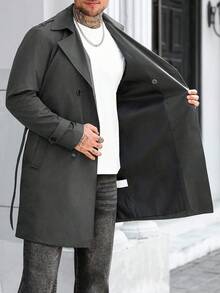 Manfinity Mode 男士街头风 INS 同款黑色纯色防尖领双排扣翻领宽松长袖风衣，纯色休闲风衣，男友老公周年纪念礼物，灰色 - 深灰色 - 查看 8