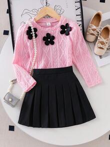 SHEIN Elladie kids 女童可爱黑色碎花装饰白色长袖圆领打底衫搭配黑色百褶舒适迷你裙T恤套装 - 粉色 - 查看 4