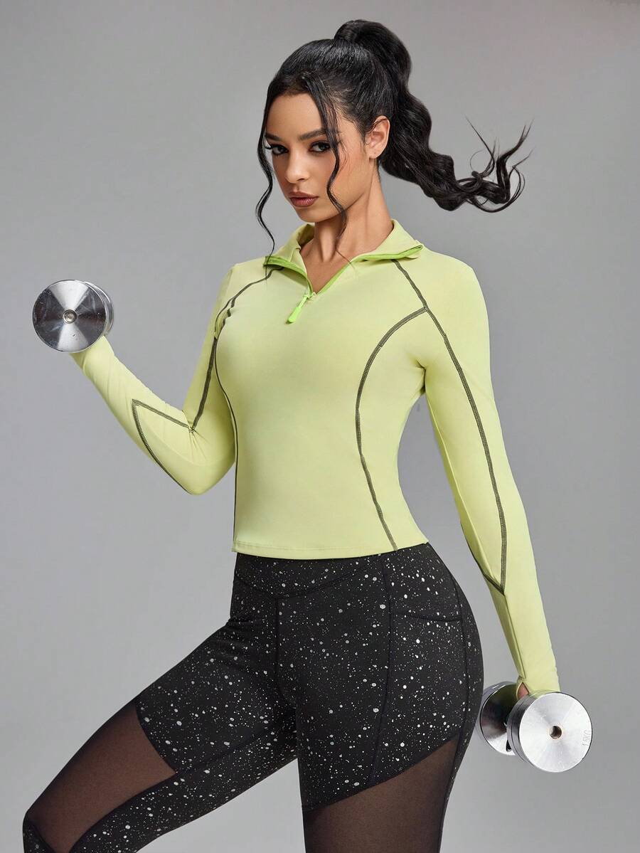 Innovista 女士撞色插肩袖半拉链修身骑行服,女士撞色细节健身夹克,撞色拼接设计,透气口袋,塑形拉链运动服,修身弹力瑜伽服,秋季运动日常休闲,适合办公室、健身房、俱乐部、居家办公、跑步、骑行等各种场合,轻便舒适,适合办公室、法庭、早午餐、健身房等各种场合,适合高强度间歇训练,舒适运动,保暖/冬季叠穿 - 綠色 - 查看 1