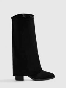 CUCCOO BIZCHIC 女士时尚方头粗跟黑色绒面革宽筒过膝长靴，简约通勤粗跟高筒靴，女士过膝长靴 - 黑色 - 查看 1