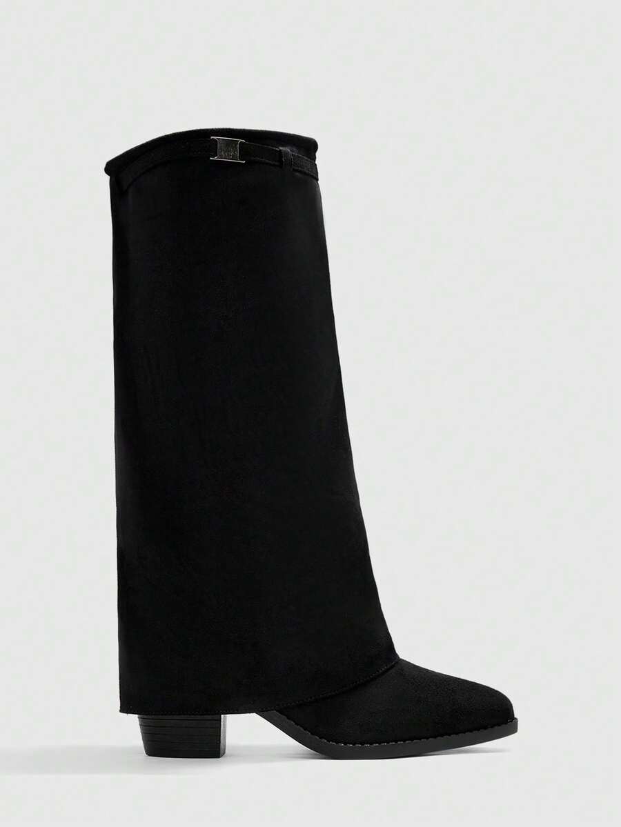 CUCCOO BIZCHIC 女士时尚方头粗跟黑色绒面革宽筒过膝长靴，简约通勤粗跟高筒靴，女士过膝长靴 - 黑色 - 查看 1