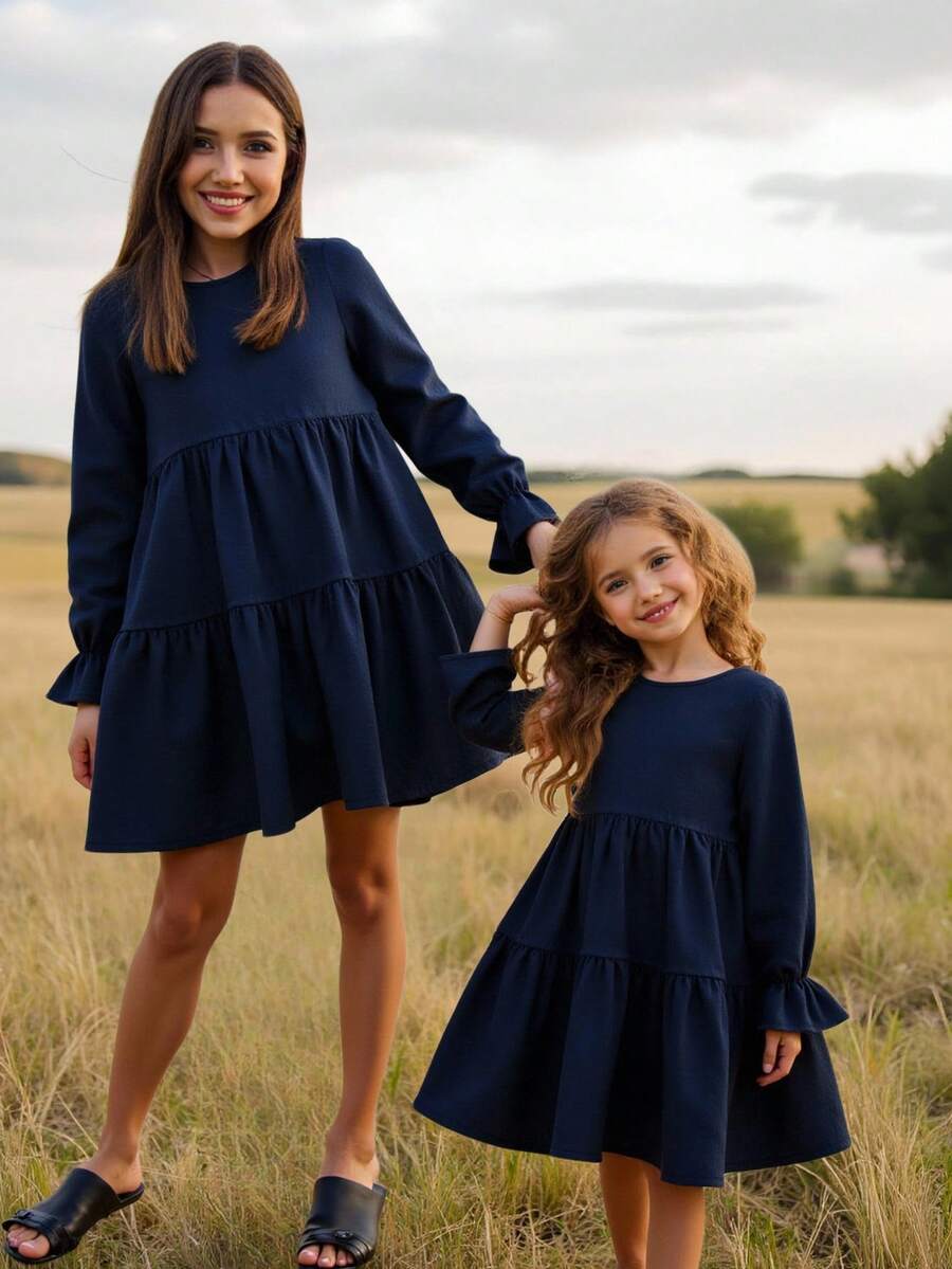 SHEIN Young Girl Solid Round Neck Puff Sleeve Fitted Casual Cake A-Line Dress,Autumn Winter - Navy Blue - View 1