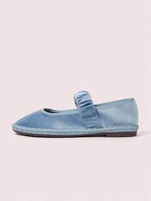 CUCCOO DOLLMOD Giày bệt Mary Jane nhung cổ điển, màu xanh nhạt thanh lịch, thoải mái, co giãn, xếp ly dành cho nữ - Màu xanh nhạt - Xem 2