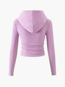 Genkimix Kids Girls Minimalist High Stretch Ribbed Soft Fabric Hooded Crop Top T-Shirt And Matching Flare Pants Set, Purple, Autumn - Purple - View 4