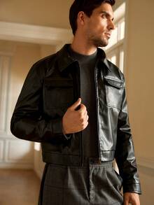HIMLAND 男士街头时尚休闲PU拉链长袖黑色外套，适合秋冬季穿着 - 杏色 - 查看 5