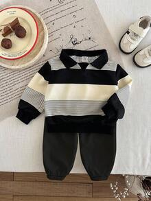 SHEIN 2件套男婴/女婴黑白条纹领长袖卫衣搭配白色工装裤套装，舒适百搭，时尚休闲基础款，适合室内、室外、日常穿着、运动、玩耍、聚会、拍照、秋冬季节度假等场合。男婴两件套，婴儿男童两件套 - 黑與白 - 查看 5