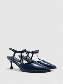 CUCCOO BIZCHIC Zapatos de tacón bajo con punta puntiaguda y correa de tobillo en color marrón café, adecuados para ir al trabajo, citas y fiestas, zapatos de primavera - Azul Marino - Ver 6