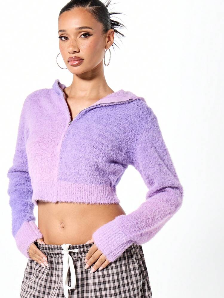 SUMWON WOMEN Fuzzy Zip Through Hooded Cardigan