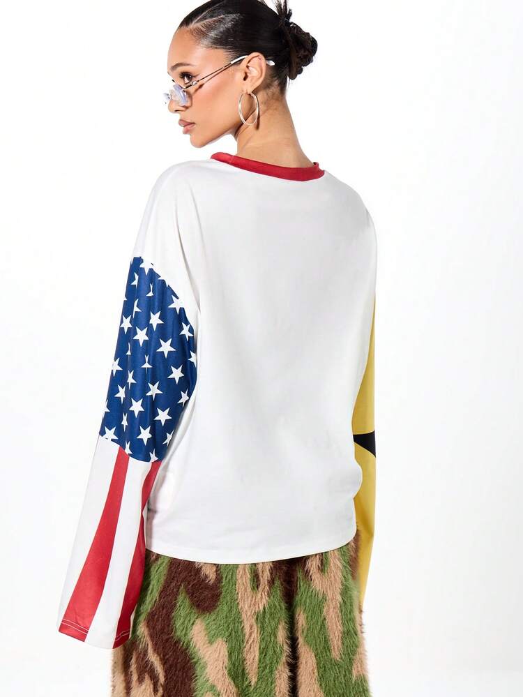 SUMWON WOMEN Cropped Western Graphic Long Sleeve T-Shirt