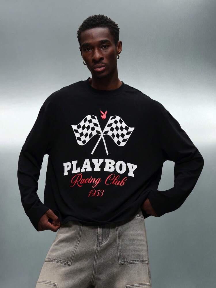 PLAYBOY X SUMWON Koszulka z długim rękawem i nadrukiem flagi wyścigowej oraz logo w stylu vintage, idealna na weekendowy, swobodny styl